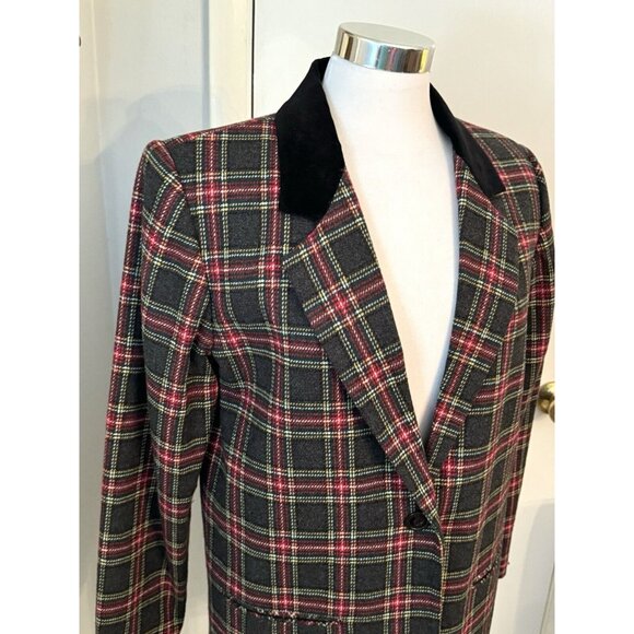 90s Plaid Blazer Jacket L 12 Wool Academia Preppy Velvet Tartan Old Money - Picture 9 of 12